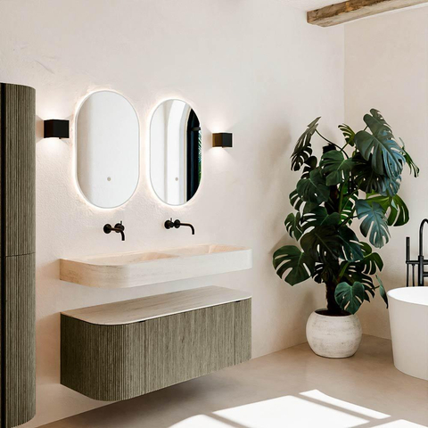 MONDIAZ THOR-DLUX 120cm meuble de salle de bains arrondi gauche + droite couleur Shadow avec 1 tiroir et 2 portes. Vasque suspendue CLOUD Double sans trou de robinet couleur Meli. SW1463328