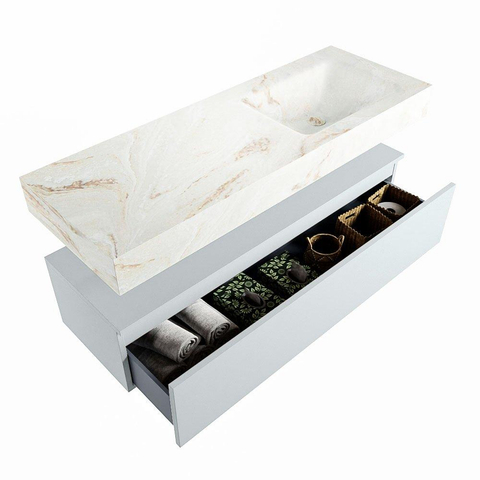Mondiaz ALAN-DLUX Ensemble de meuble - 130cm - meuble Clay mat - 1 tiroir - Lavabo Cloud Frappe suspendu - vasque Droite - 0 trous de robinet SW805291