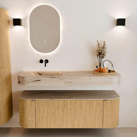 MONDIAZ THOR-DLUX Meuble de salle de bains 140cm arrondi gauche + droite couleur Oak avec 1 tiroir et 2 portes. Vasque suspendue CLOUD Gauche sans trou de robinet couleur Arena. SW1464356