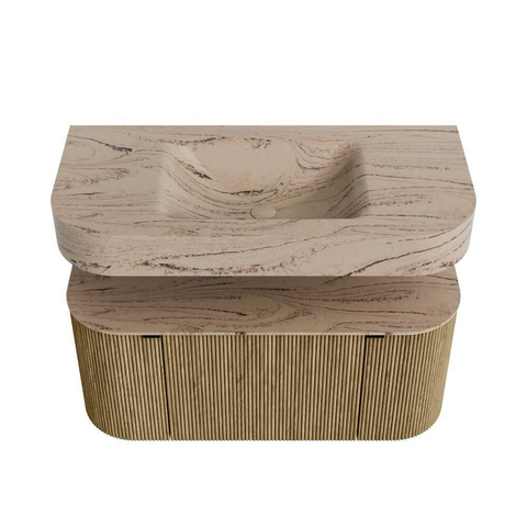 MONDIAZ THOR-DLUX 100cm meuble de salle de bains arrondi gauche + droite couleur Dusk avec 1 tiroir et 2 portes. Vasque suspendue CLOUD Milieu sans trou de robinet couleur Arena. SW1467452