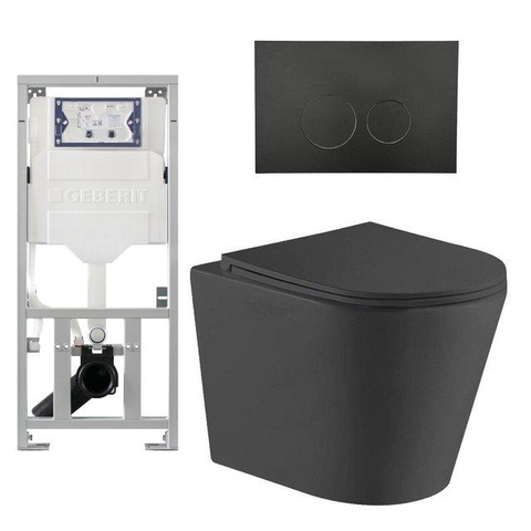 QeramiQ Dely Toiletset - 36.3x51.7cm - diepspoel - rimless - Geberit UP320 inbouwreservoir - met Burda frame - softclose toiletzitting - mat zwarte bedieningsplaat - ronde knoppen - mat zwart SW804618