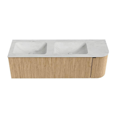 MONDIAZ KURVE-DLUX Meuble de salle de bains 145 cm avec module 25 R couleur Oak avec 1 tiroir et 1 porte. Lavabo LEAF double / gauche 2 trous de robinet couleur Opalo. SW1137565