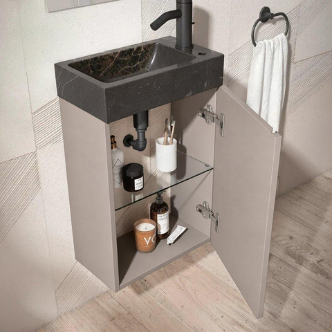 Saniclass Chaci Toiletmeubelset - 40x65cm - 1 deur - 1 kraangat - rechts - fontein natuursteen donker - mat cotton (beige) SW1482357