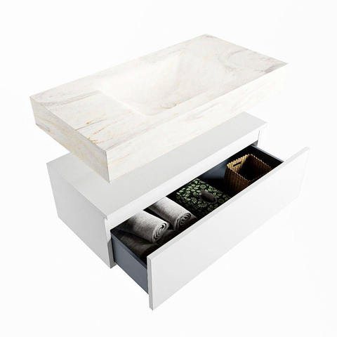 Mondiaz ALAN-DLUX Ensemble de meuble - 90cm - meuble Talc mat - 1 tiroir - Lavabo Cloud Ostra suspendu - vasque Centre - 0 trous de robinet SW806934