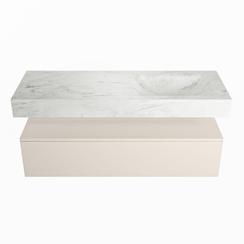 Mondiaz ALAN-DLUX Ensemble de meuble - 130cm - meuble Linen mat - 1 tiroir - Lavabo Cloud Opalo suspendu - vasque Droite - 0 trous de robinet SW806622