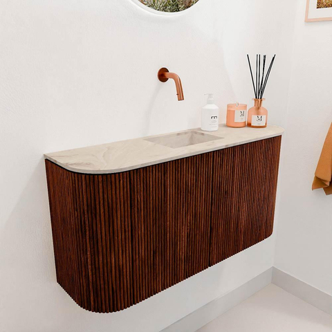 Mondiaz JOYA-DLUX 83.2cm meuble de toilette - arrondi gauche et droite couleur Ruby - Vasque FAYE position Milieu Sans trou de robinet couleur Frappe. SW1423527