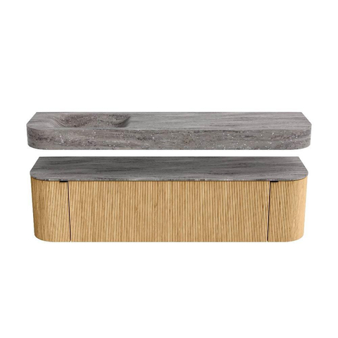 MONDIAZ THOR-DLUX 170cm badmeubel ronding links + rechts kleur Oak met 1 lade en 2 deuren. Vrijhangende wastafel CLOUD Links zonder kraangat kleur Oza. SW1465668