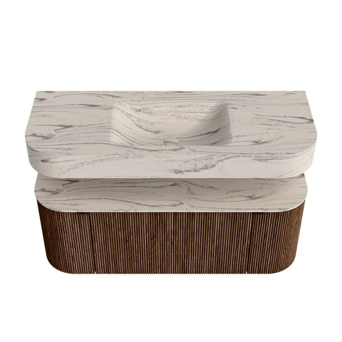 MONDIAZ THOR-DLUX 120cm badmeubel ronding links + rechts kleur Walnut met 1 lade en 2 deuren. Vrijhangende wastafel CLOUD Midden zonder kraangat kleur Nata. SW1463358
