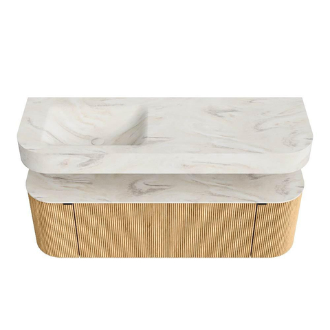 MONDIAZ THOR-DLUX 140cm badmeubel ronding links + rechts kleur Oak met 1 lade en 2 deuren. Vrijhangende wastafel CLOUD Links 1 kraangat kleur Ostra. SW1463979