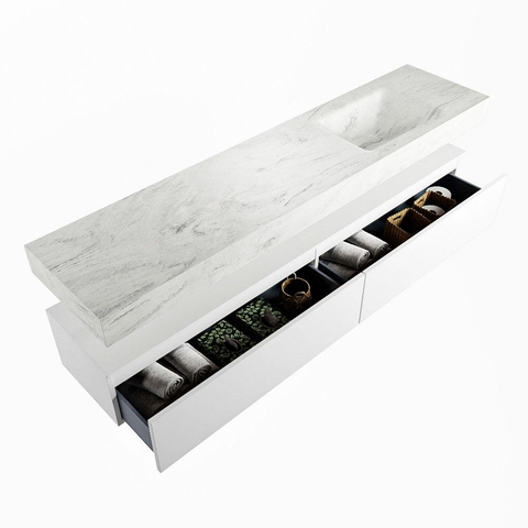 MONDIAZ ALAN - DLUX Ensemble de meuble de salle de bains - 200cm - meuble bas - Talc - 2 tiroirs - lavabo suspendu - vasque à droite - 0 trous de robinet - Opalo SW806343