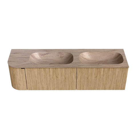 MONDIAZ KURVE-DLUX 165cm meuble de salle de bains arrondi gauche couleur Chêne avec 2 tiroirs et 1 porte. Lavabo STOR SMALL Double / Droite sans trou de robinet Saba. SW1433120