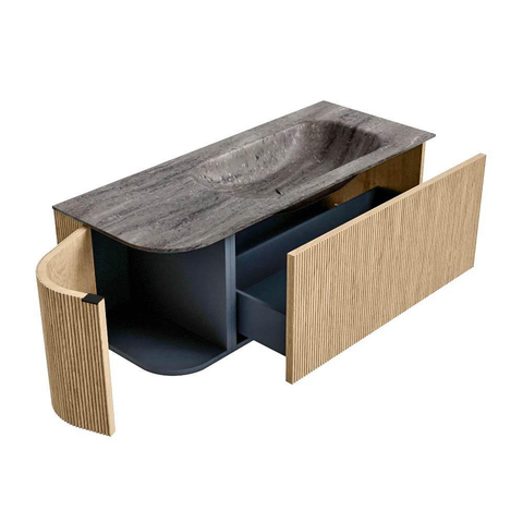 MONDIAZ KURVE-DLUX Meuble de salle de bains 115cm arrondi gauche couleur chêne avec 1 tiroir et 1 porte. Lavabo BIG SMALL droite 1 trou de robinet Oza. SW1432650