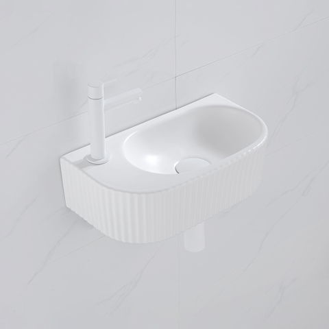 QeramiQ Fuente Ensemble de Lavabo - 40x21.5x12cm - gauche - strié - demi-rond - 1 trou de robinet - céramique - ensemble de robinet blanc mat - bouchon de vidange - siphon abaissé - blanc mat SW1233008