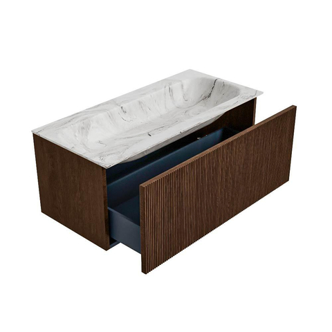 MONDIAZ KURVE-DLUX 100cm badmeubel kleur Walnut met 1 lade. Wastafel BIG MEDIUM midden 1 kraangat kleur Glace. SW1138057