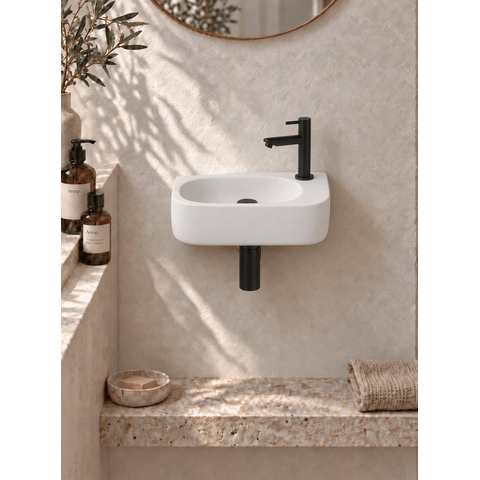 QeramiQ Fuente pack lave-mains – demi-rond – 40 x 21,5 x 12 cm – céramique blanc mat – robinet noir mat SW1232794