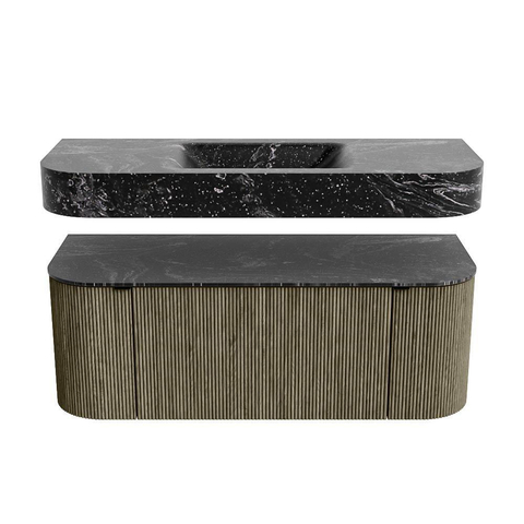 MONDIAZ THOR-DLUX 120cm meuble de salle de bains arrondi gauche + droite couleur Shadow avec 1 tiroir et 2 portes. Vasque suspendue CLOUD Milieu 1 trou de robinet couleur Lava. SW1463151