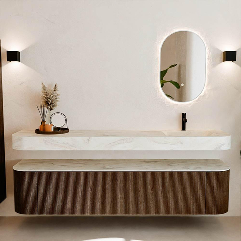 MONDIAZ THOR-DLUX 200cm meuble de salle de bains arrondi gauche + droite couleur Walnut avec 2 tiroirs et 2 portes. Vasque suspendue CLOUD Droite 1 trou de robinet couleur Ostra. SW1466829