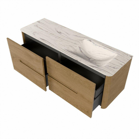Mondiaz CIRO-DLUX Ensemble de meubles de salle de bains - 140x45x50cm - Plan vasque solid surface Nata - 1 vasque à droite - sans trous de robinet - 4 tiroirs - Chêne SW1531461