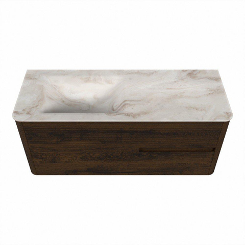 Mondiaz CIRO-DLUX Badkamermeubelset - 120x45x50cm - Solid surface wastafel Frappe - 1 wasbak Links - zonder kraangaten - 2 lades - Walnut SW1530304