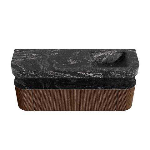MONDIAZ THOR-DLUX 160cm meuble de salle de bains arrondi gauche + droite couleur Walnut avec 1 tiroir et 2 portes. Vasque suspendue CLOUD droite sans trou de robinet couleur Lava. SW1465030