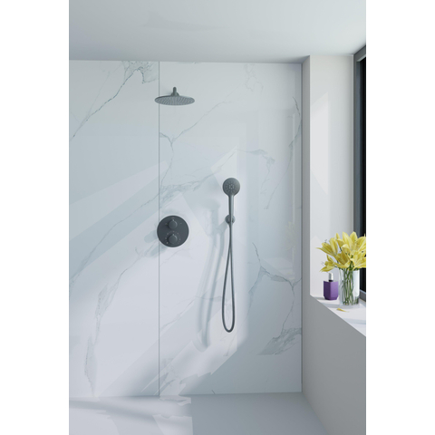 Fortifura Calvi Inbouw Regendoucheset - rond - thermostatisch - wandarm - 25cm - hoofddouche - ronde handdouche - PVD - geborsteld gunmetal (antraciet) SW1189365