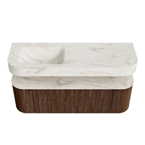MONDIAZ THOR-DLUX Meuble de salle de bains 140cm arrondi gauche + droite couleur Walnut avec 1 tiroir et 2 portes. Vasque suspendue CLOUD Gauche 1 trou de robinet couleur Ostra. SW1464082