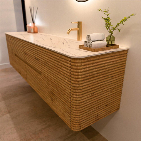 Mondiaz CIRO-DLUX Meuble de salle de bains - 190x45x50cm - Plan vasque solid surface Nata - 1 lavabo à droite - 1 trou de robinetterie - 4 tiroirs - Chêne SW1531480