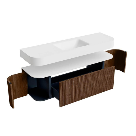 MONDIAZ THOR 150cm badmeubel ronding links + rechts kleur Walnut met 1 lade en 2 deuren. Vrijhangende wastafel CLOUD Midden zonder kraangat kleur Talc. SW1464625