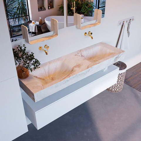 Mondiaz ALAN-DLUX Ensemble de meuble - 150cm - meuble Talc mat - 1 tiroir - Lavabo Cloud Frappe suspendu - vasque Gauche et droite - 0 trous de robinet SW804672