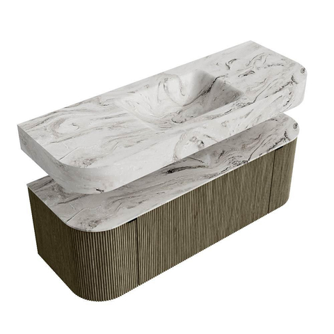 MONDIAZ THOR-DLUX 130cm badmeubel ronding links + rechts kleur Shadow met 1 lade en 2 deuren. Vrijhangende wastafel CLOUD Midden zonder kraangat kleur Glace. SW1463738