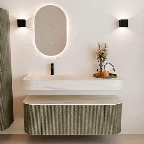MONDIAZ THOR-DLUX 130cm meuble de salle de bains arrondi gauche + droite couleur Shadow avec 1 tiroir et 2 portes. Vasque suspendue CLOUD gauche 1 trou de robinet couleur Meli. SW1463855