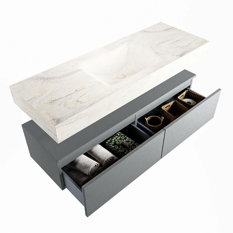 Mondiaz ALAN-DLUX Ensemble de meuble - 130cm - meuble Plata mat - 2 tiroirs - Lavabo Cloud Ostra suspendu - vasque Centre - 1 trou de robinet SW808028