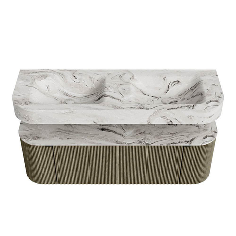 MONDIAZ THOR-DLUX 140cm meuble de salle de bains arrondi gauche + droite couleur Shadow avec 1 tiroir et 2 portes. Vasque suspendue CLOUD Double sans trou de robinet couleur Glace. SW1464151