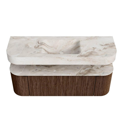MONDIAZ THOR-DLUX 140cm badmeubel ronding links + rechts kleur Walnut met 1 lade en 2 deuren. Vrijhangende wastafel CLOUD Midden zonder kraangat kleur Frappe. SW1463934