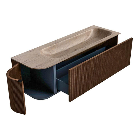 MONDIAZ KURVE-DLUX 145cm badmeubel ronding Links kleur Walnut met 1 lade en 1 deur. Wastafel BIG LARGE Rechts 1 kraangat Saba. SW1433186