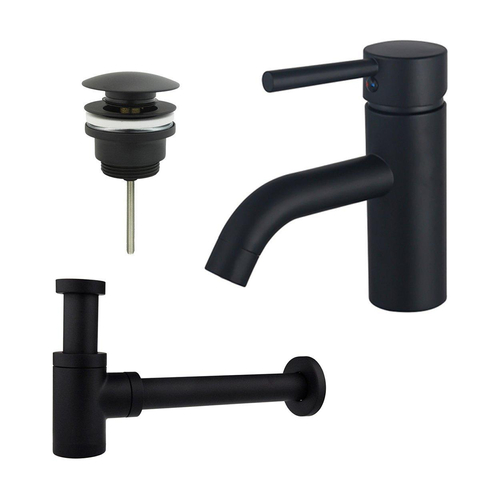 Fortifura Calvi Kit mitigeur lavabo - robinet bas - bonde clic clac - siphon design bas - Noir mat SW891960