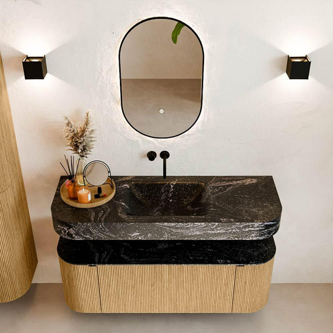 MONDIAZ THOR-DLUX Meuble de salle de bains 130cm arrondi gauche + droite couleur Oak avec 1 tiroir et 2 portes. Vasque suspendue CLOUD Milieu sans trou de robinet couleur Lava. SW1463536