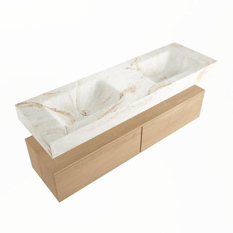 MONDIAZ ALAN - DLUX Ensemble meuble de salle de bains - 150cm - meuble bas - Chêne lavé - 2 tiroirs - lavabo suspendu - 2 vasques - 0 trous de robinet - Frappe SW808870