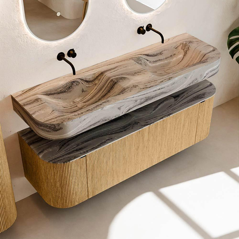 MONDIAZ THOR-DLUX 150cm meuble de salle de bains arrondi gauche + droite couleur Oak avec 1 tiroir et 2 portes. Vasque suspendue CLOUD Double sans trou de robinet couleur Sombra. SW1464915