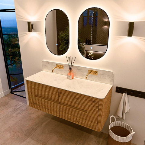 Mondiaz CIRO-DLUX Badkamermeubelset - 130x45x50cm - Solid surface wastafel Opalo - 2 wasbak Dubbel - zonder kraangaten - 4 lades - Oak SW1531028