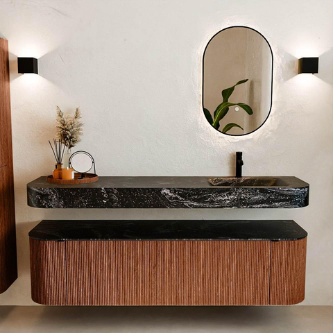 MONDIAZ THOR-DLUX 170cm badmeubel ronding links + rechts kleur Ruby met 1 lade en 2 deuren. Vrijhangende wastafel CLOUD Rechts 1 kraangat kleur Lava. SW1465494
