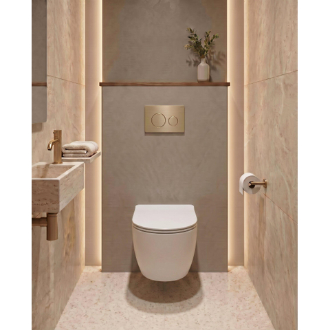 QeramiQ Dely Swirl Toiletset - 36.3x51.7cm - Geberit UP320 inbouwreservoir - met Burda frame -slim zitting - geborsteld messing bedieningsplaat - ronde knoppen - wit glans SW1126097