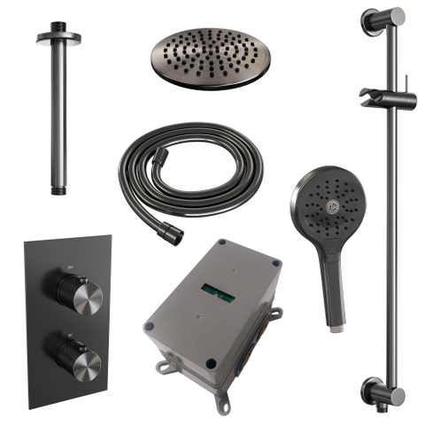 Brauer Gunmetal Carving Ensemble de douche pluie encastré - douche principale 20cm - bras plafond 20cm - 2 fonctions - glijstang - incluant partie encastrable - douchette ronde 3 positions - PVD - gunmetal brossé SW716007
