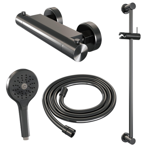 Brauer Gunmetal Edition Robinet de douche encastré - barre de douche - 1 fonction - 2 boutons lisses - douchette ronde 3 positions - PVD - gunmetal brossé SW1164605