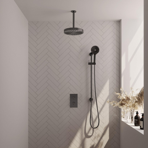BRAUER Stripe Thermostatische Inbouw Regendouche - 3-weg - rechthoekig - SET 24 - 25cm douchekop - plafondarm - 3-standen handdouche - doucheslang - geïntegreerde glijstang - gunmetal geborsteld PVD SW1435256