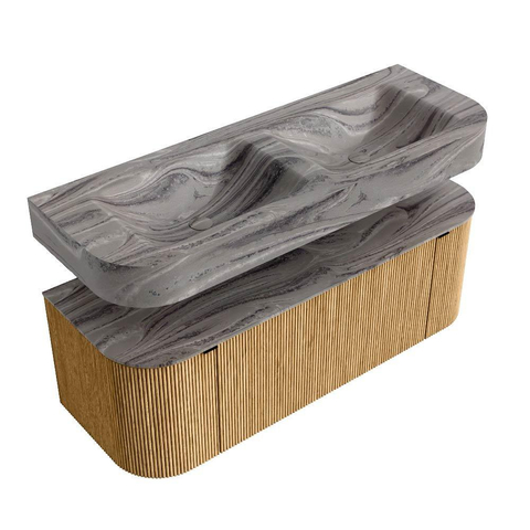 MONDIAZ THOR-DLUX 130cm badmeubel ronding links + rechts kleur Oak met 1 lade en 2 deuren. Vrijhangende wastafel CLOUD Dubbel 2 kraangaten kleur Sombra. SW1464044
