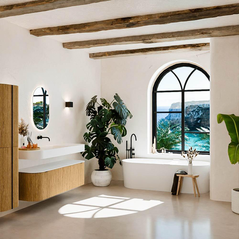 MONDIAZ THOR 150cm badmeubel ronding links + rechts kleur Oak met 1 lade en 2 deuren. Vrijhangende wastafel CLOUD Midden zonder kraangat kleur Talc. SW1464570