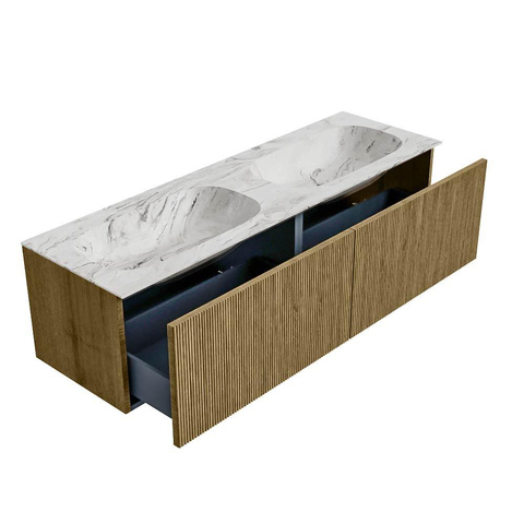Mondiaz KURVE-DLUX Badkamermeubelset - 150x46x40cm - 2 lade - wastafel solid surface - dubbel - 2 kraangaten - Dusk SW1415213