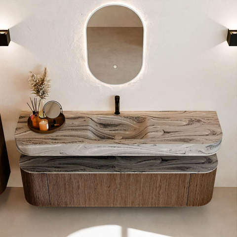 MONDIAZ THOR-DLUX 170cm meuble de salle de bains arrondi gauche + droite couleur Walnut avec 1 tiroir et 2 portes. Vasque suspendue CLOUD Milieu 1 trou de robinet couleur Sombra. SW1465850