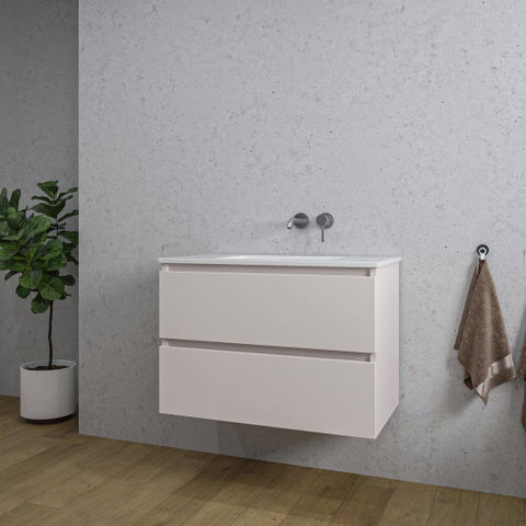 Saniclass Chaci Meuble de salle de bain - 80x46x55cm - lavabo en céramique blanc - 1 vasque - sans trous de robinet - 2 tiroirs - mat cotton (beige) SW1182338